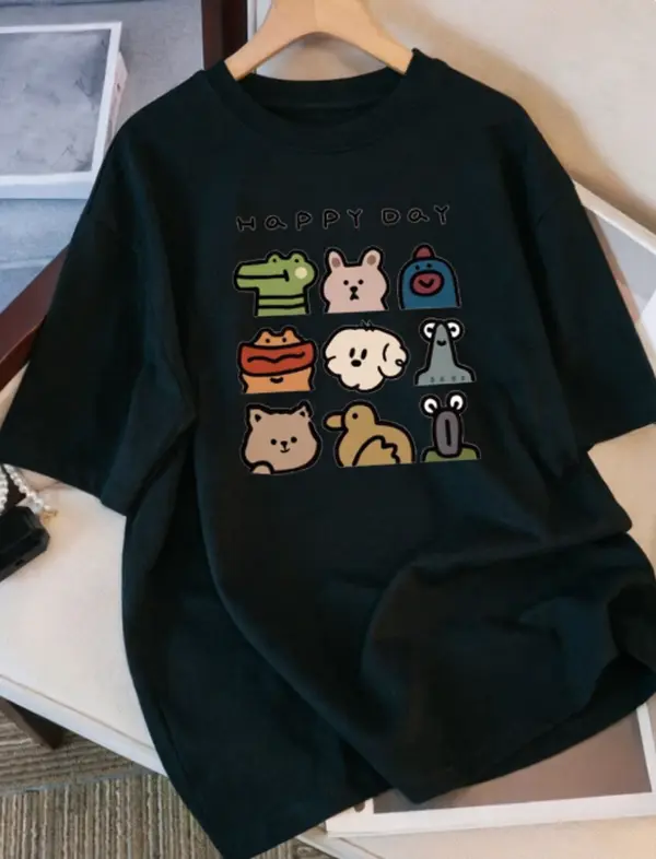 Happy Day Cute Cartoon Animal Grid Graphic Womens Tee Campus Daily Outfit Bestie Date Summer Cotton Short Sleeve Heat Transfer Tshirt