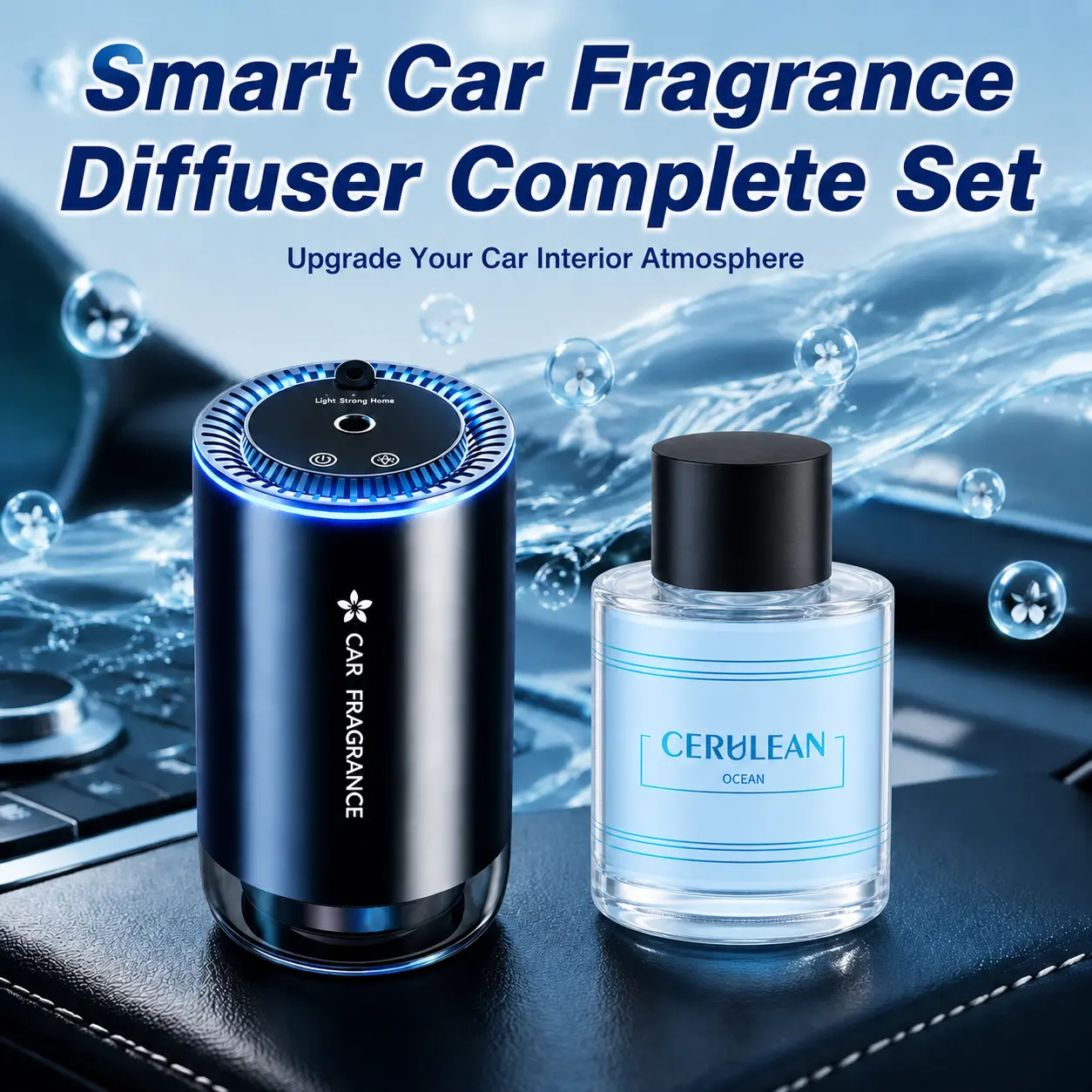 Smart car diffuser air freshener, intelligent on/off, 3 adjustable mist levels, USB charging, aromatherapy essential oil included, compact car fragrance diffuser settings. sohochic