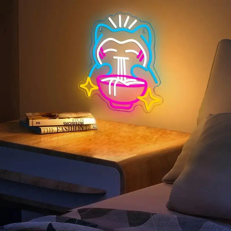 Cute Lucky Cat with Star Neon Sign, Colorful LED Indoor Wall Light, Perfect for Anime Room, Restaurant, Window Display, Home Decor