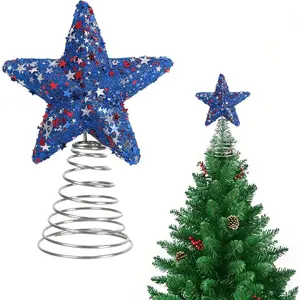 9 Inch 4th of July Patriotic Star Tree Topper USA 250th Anniversary Decorations Glitter Sequins Red White and Blue Stars Christmas Tree Topper for Independence Day Home Office Party Decor