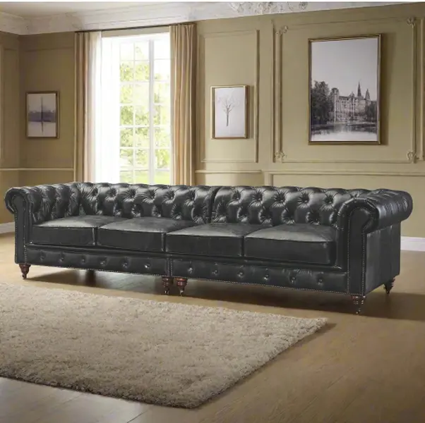 Century Chesterfield Decorative Sofa - Slate Leather, Indoor Couch, Rolled Arms, Tufted, 118" with Ample Space