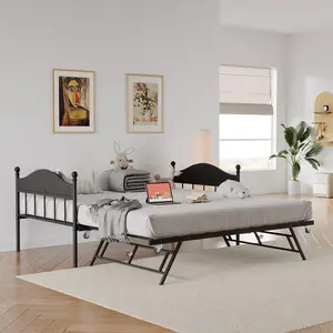 Garvee Twin Daybed with Foldable Metal Trundle, Stylish Headboard, and Industrial Lockable Casters - Versatile Bed Frame for Living Room, Bedroom, and Guest Room in Black