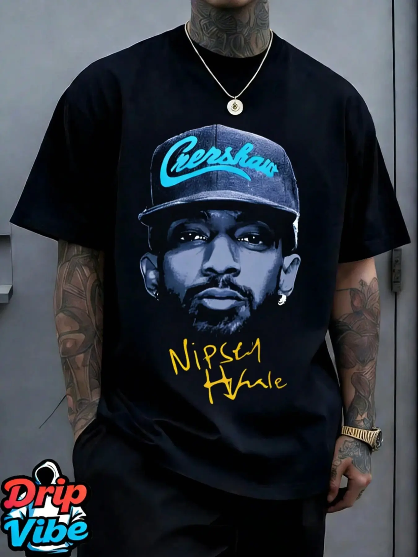 1 Men's Black Oversized Loose Baggy Bold Graphic Tee, Nipsey Hussle Crenshaw Portrait Graphic, Hip-Hop Streetwear Casual Style, Soft Cotton, Ideal for Rap Fans & Urban Outfits, Menswear
