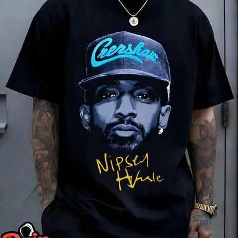 1 Men's Black Oversized Loose Baggy Bold Graphic Tee, Nipsey Hussle Crenshaw Portrait Graphic, Hip-Hop Streetwear Casual Style, Soft Cotton, Ideal for Rap Fans & Urban Outfits, Menswear