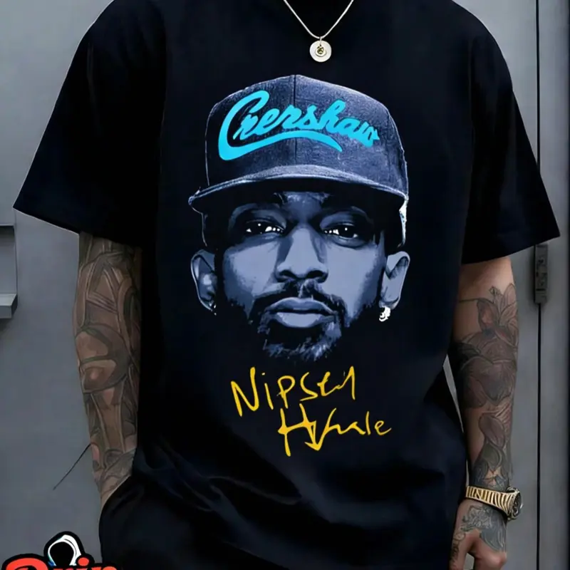 1 Men's Black Oversized Loose Baggy Bold Graphic Tee, Nipsey Hussle Crenshaw Portrait Graphic, Hip-Hop Streetwear Casual Style, Soft Cotton, Ideal for Rap Fans & Urban Outfits, Menswear