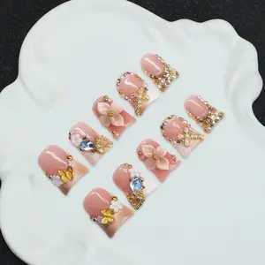 10 handmade Y2K style duckbill nail tips, 3D, carved, butterfly, colored diamond, gold bead, relief, cross, hand-painted design, with accessories, suitable for women, great gift, shiny nail press, including tool kit