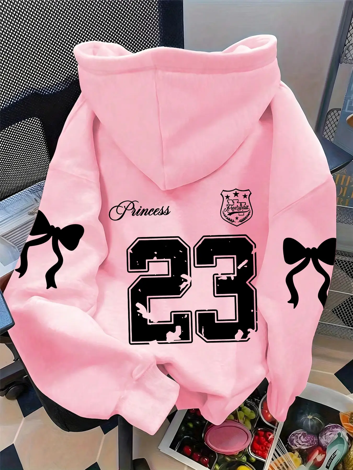 Women's cool and cute trendy number bow print casual long sleeves hoodie, kangaroo pocket, drawstring hooded sweatshirt, fashionable autumn and winter wear, Tops