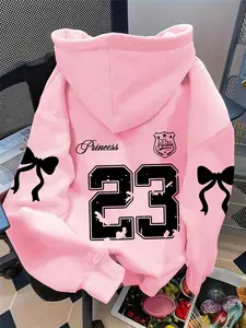 Women's cool and cute trendy number bow print hoodie, kangaroo pocket, drawstring hooded sweatshirt, fashionable autumn and winter wear, Graphic Hoodies