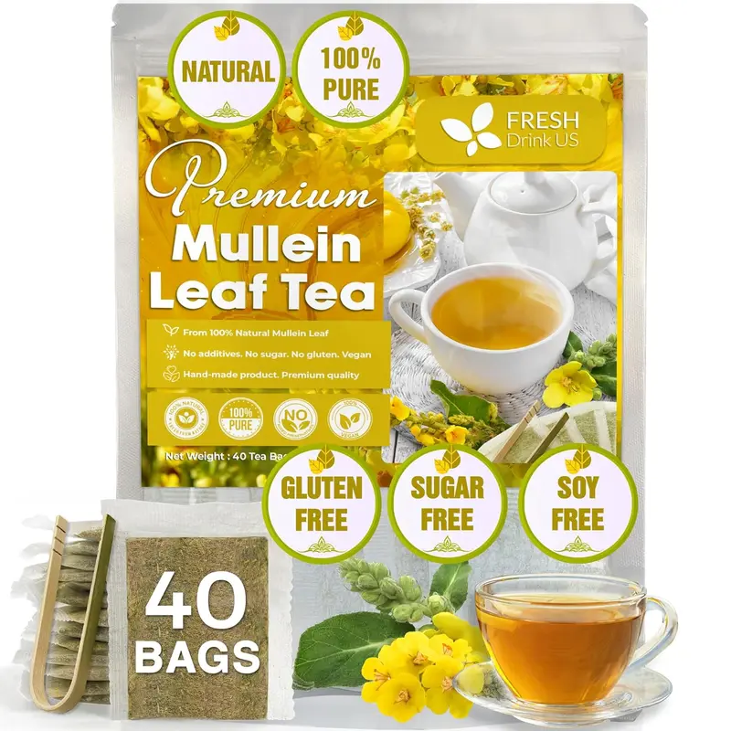 Premium 40 Mullein Leaf Tea Bags For Lung, 100% Natural & Pure from Mullein Leaves. Loose Leaf Mullein Herbal Tea. Made with Natural Material Tea Bags. No Sugar, No Caffeine, No Gluten, Vegan. Mullein detox, lung support