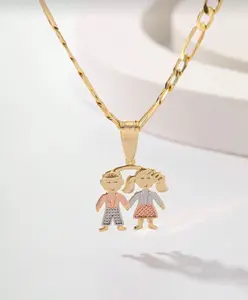 18K Gold Plated Family Pendant Necklace With One Boy And One Girl - Unisex Jewelry