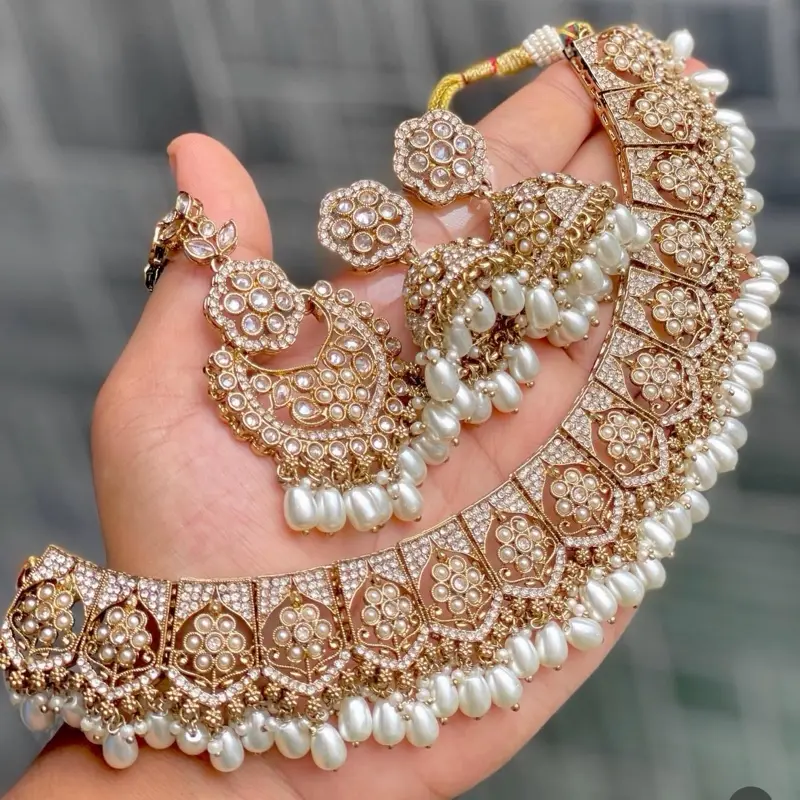 Indian Wedding Jewelry Set, Polki Design with Large Tikka and Jhumka