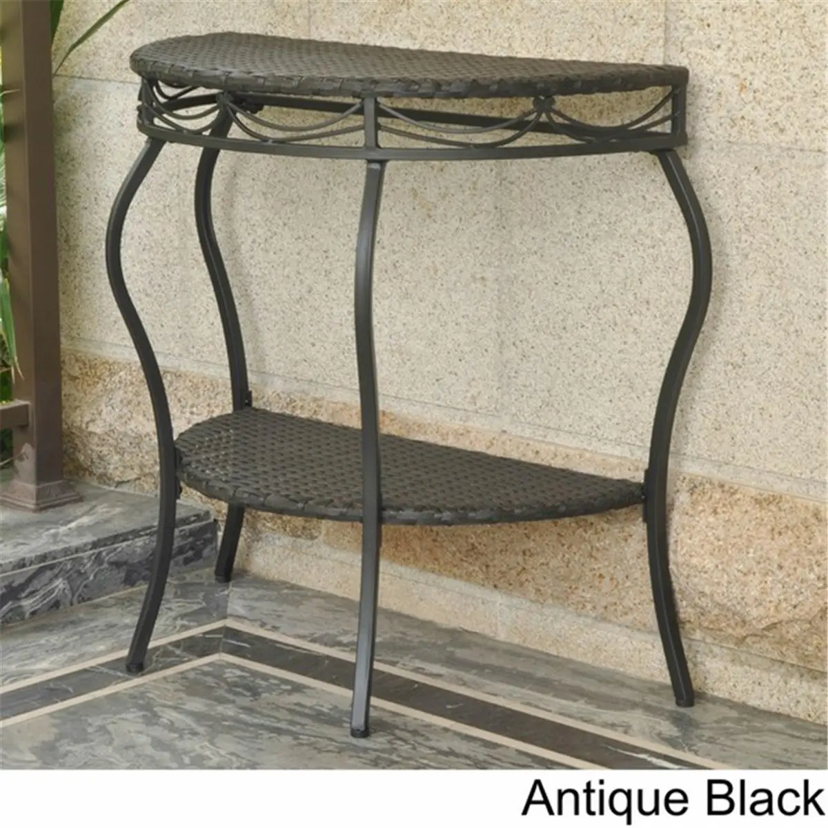 212 MAIN Outdoor 2-Tier Half Moon Wall Table - Weatherproof Valencia Resin Wicker, Steel Construction, Black, Curved Top, Woven Texture, Flat Mount Storage Solution