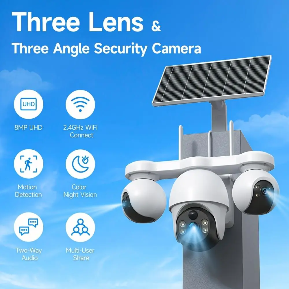 V380 8MP Outdoor Solar Powered Security Monitoring 2.4GHz CCTV Camera, Triple Lens AndScreens All-in-One, 360° No Blind Spot PTZ, Color Night Vision, Humaniod Detection, LightAnd Sound Alarm, Alarm Push, Long Battery Life, Local/Cloud Storage