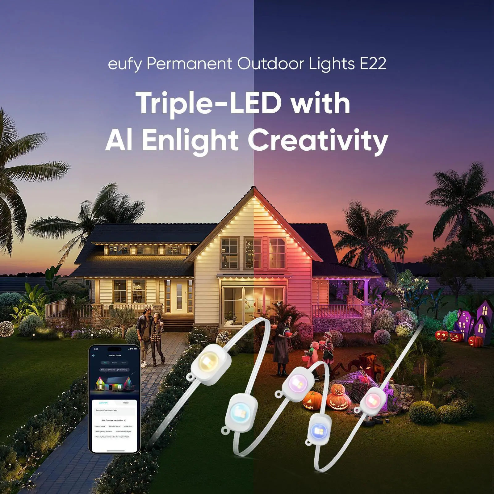 【Special Bundle】eufy Permanent Outdoor Lights E22, 100ft with 60 Triple-LED Lights, Smart RGBWW for Christmas, Daily and Holiday, IP67 Waterproof, AI Lighting Themes for Christmas Decorations, Links with Cameras Dimmable Customization