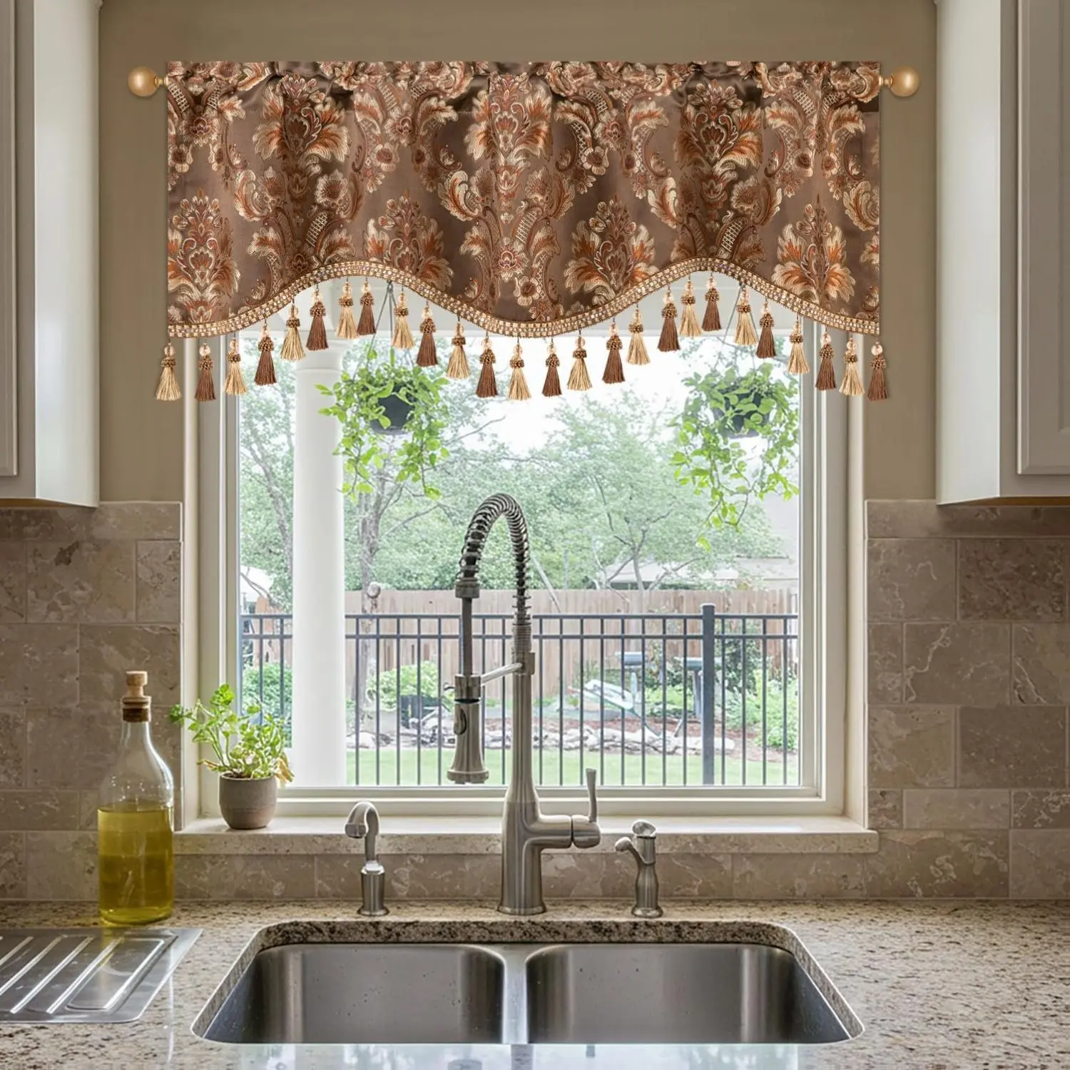VOGOL Coffee Brown Floral Damask Curtain Valance - Antique Wave Jacquard Home Textile with Beaded Fringe, Weighted Tassel Drape, 52x18in European Vintage Rod-Pocket Easy-Install Window Topper for Bedroom, Living Room, Rod‑Pocket Install