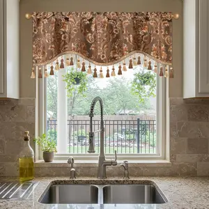 VOGOL Coffee Brown Floral Damask Valance, Antique Wave Jacquard with Beaded Fringe & Tassel Decor Curtain, European Vintage 52x18in Window Topper for Bedroom, Living Room, Floral Pattern