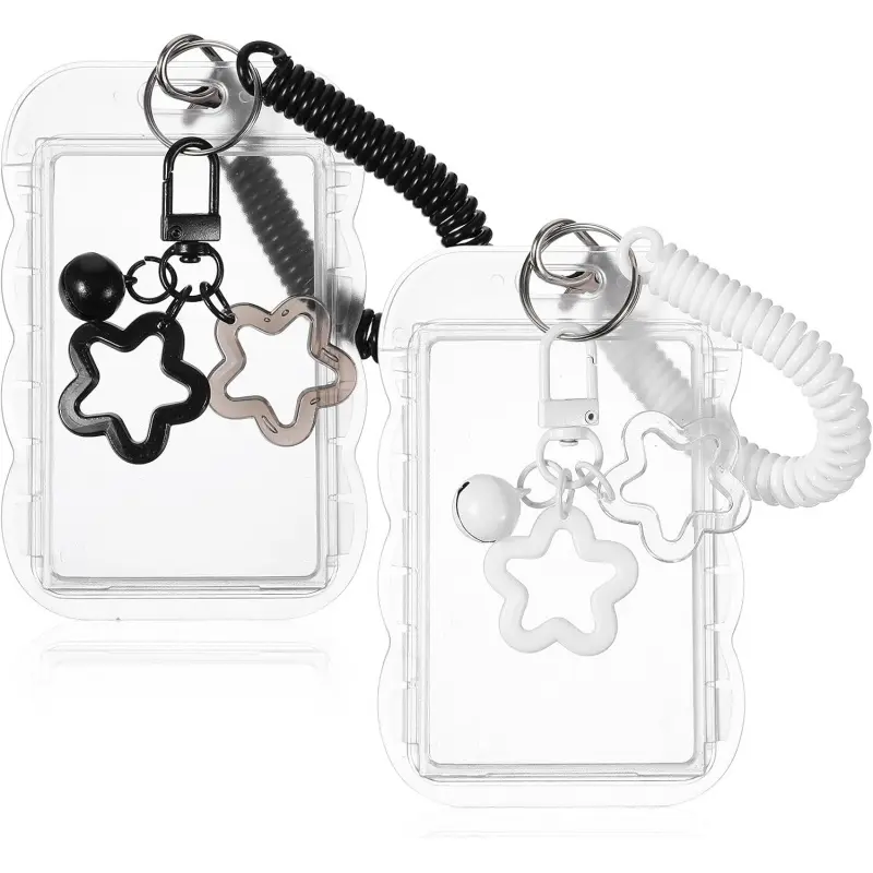 2 Pcs Cute Design Photocard Holder Keychain, Photocard Holder Keychain, Star Wave Photocards Keychains, Transparent Pc Holders, ID Card Holders Protective Sleeves for Bus Student Card Photo, Clear ID Badge Holder, Badge Protector