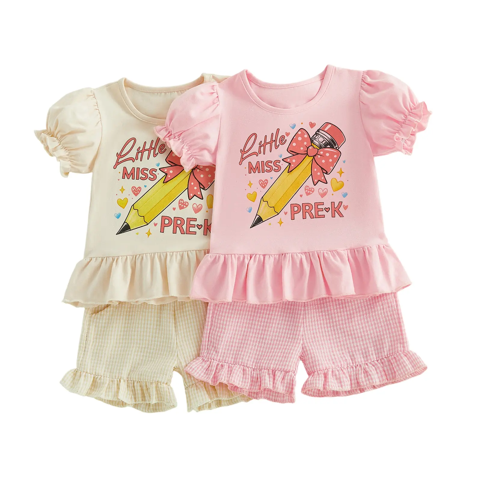 Toddler Baby Little Girls Summer Outfit Little Miss Pre-K Short Puff Sleeve Pencil Print T-Shirt and Plaid Shorts Back to School Clothes 2-5 Years
