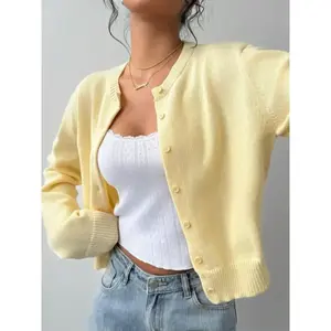 Women’s casual solid-color cardigan, loose fit, long sleeves/short sleeves, elegant crew-neck knit sweater, suitable for everyday wear; tops; women’s clothing GARMENTARY