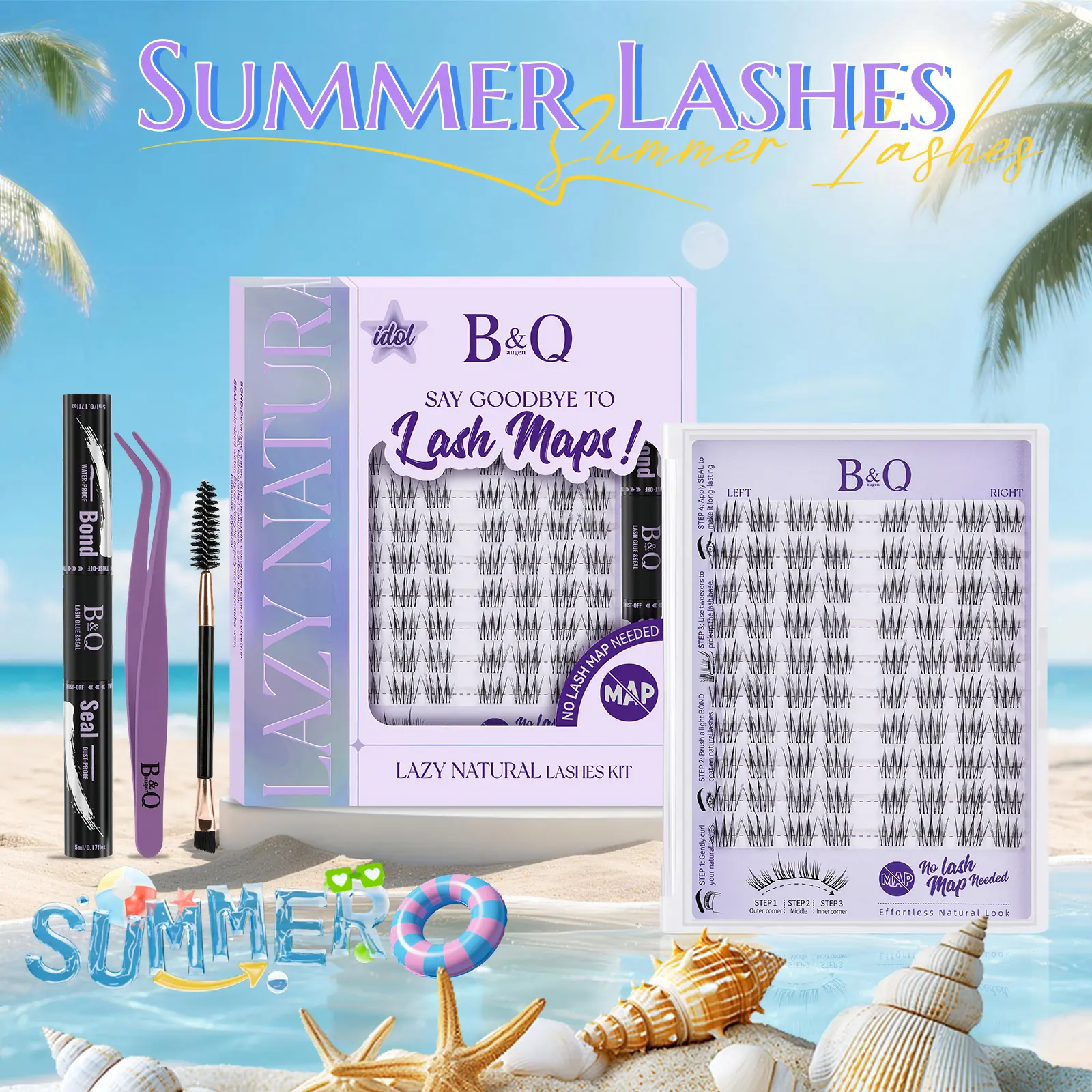 Idol Kit【Left & Right Lashes】B&Q No Lash Map Series Natural Look Individual Lash Kit,0.05mm Invisible Band Lightweight Lash Clusters,CC Curl for DIY Lashes Extension,Waterproof Bond Seal Week Lasting Vacation Lash #dealsforyoudays