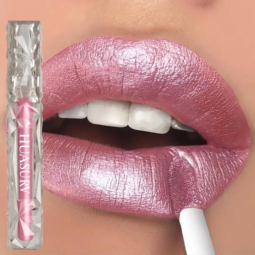 Huasurv Metal Bean Sand Metallic Lip Gloss, Lipstick, Glossy, High Saturation, Long-Lasting, Non-Drying, Ideal for Daily Use, Cosplay, Music Festivals, Cosmetic, Makeup