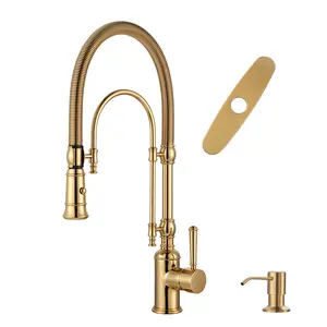 WOWOW Modern High Arc Gooseneck Spout Kitchen Faucet - Solid Brass Brushed Gold Tap with 2-Function Single Handle, Magnetic Dock Pull Down Sprayer, Spring Tube for Home Use