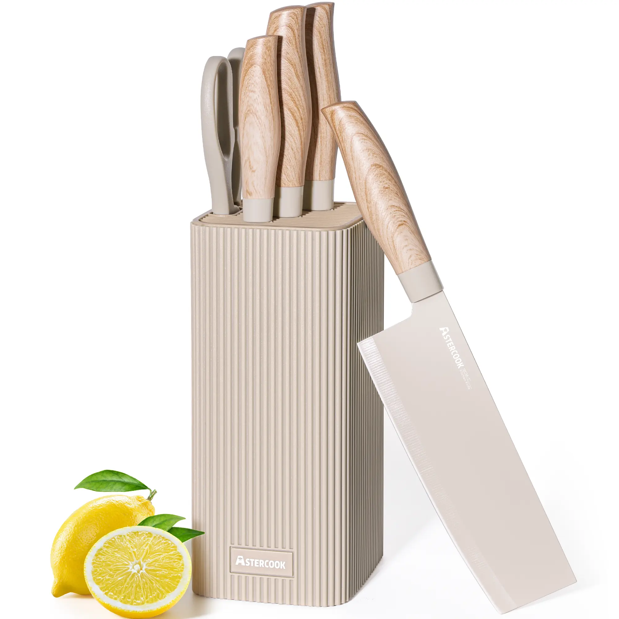 Astercook 6-Piece Stainless Steel Knife Block Set, Thick Ergonomic Kitchenware for Cutting, Anti-Rust Knives Kitchenware Cutting Wooden Silicone