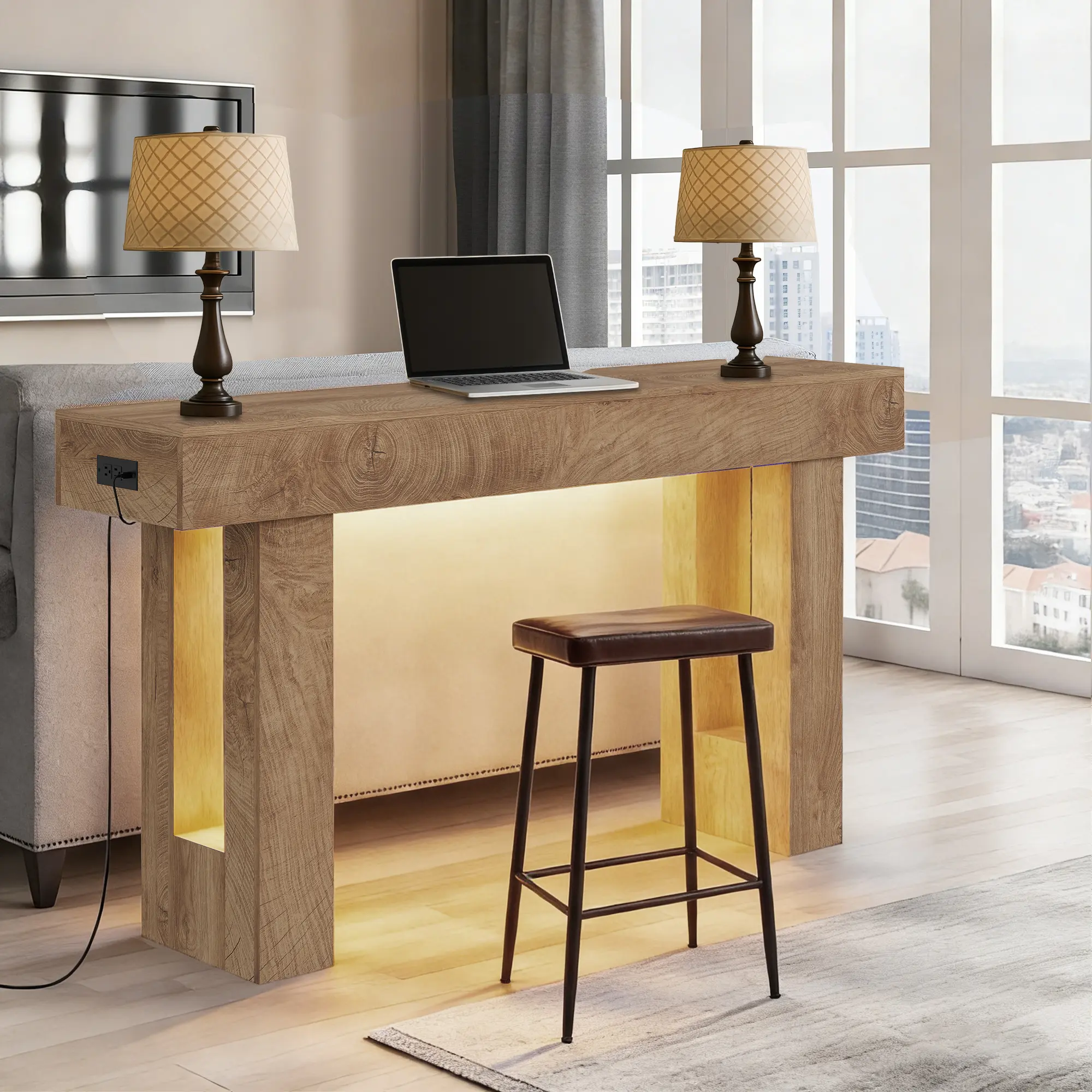 Garvee 63'' Farmhouse Console Table with Charging Station & Human Sensor Light, Wooden Rectangular Entryway Table Behind Sofa, Foyer Furniture for Hallway Living Room (Natural)