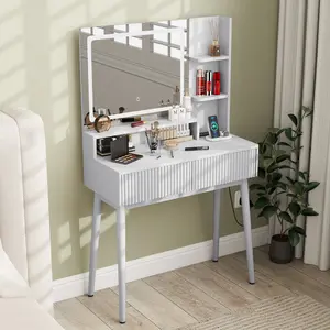 Fluted Vanity Desk with LED Lighted Mirror & Charging Station, Modern Makeup Vanity Table with Storage Drawers & Open Shelves, White & Natural Wood Dressing Table for Bedroom