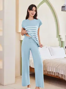 Fall warm striped casual set - 2-piece sweater set with matching outfit - Women's pajama set - Travel knitted clothing set - Comfortable casual clothing suitable for women - Retro style casual pants-style pajamas - Comfortable daytime casual wear