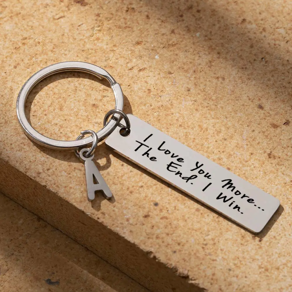 Engraved Matching Couple Keychain - "I Love You More The End I Win" Custom Bespoke Initial Engraving Compact Metal Keychain, Gift for Boyfriend/Girlfriend for Birthday, Anniversary, Custom Keychains, Engraved Matching Keychains