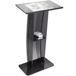 Acrylic Podium, 47" Acrylic Podium Stand with Wide Reading Surface & Storage Shelf, Floor-standing Clear Pulpits Acrylic for Church Office School, Black