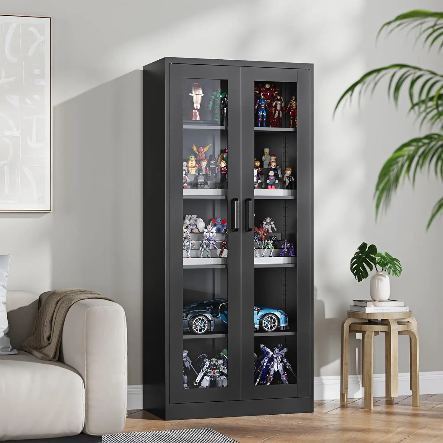 Sturdy Modern 67-in Black Tempered Glass Regular Door Curio Cabinet - Metal Heavy Steel Welded Frame Storage Display Case, 4 Adjustable Shelves, Over 25 kg Capacity, Anti-Tipping Holes, Eco-Friendly Paint, for Living Room, Office, Assembly Required, Above