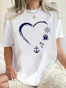 100% Cotton Preppy Nautical Anchor Gifts For Sailors Boaters & Yachting T-Shirt, Casual Fitted Loose Streetwear, Summer Fashion Top