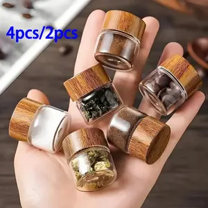 Portable Mini Glass Storage Bottle, 2/4 Counts Wooden Lid Jar, Spice Container, Seasoning Jars Containers for Travel, Picnic, Camping, Kitchen, Organiser