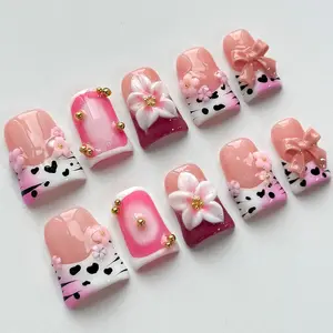 2026 Short Duck Press-On Nails – Handmade 3D French tips with adorable bow, floral & cow print designs. Reusable ABS, glossy finish, and salon‑thick without the wait. (M size, pink)