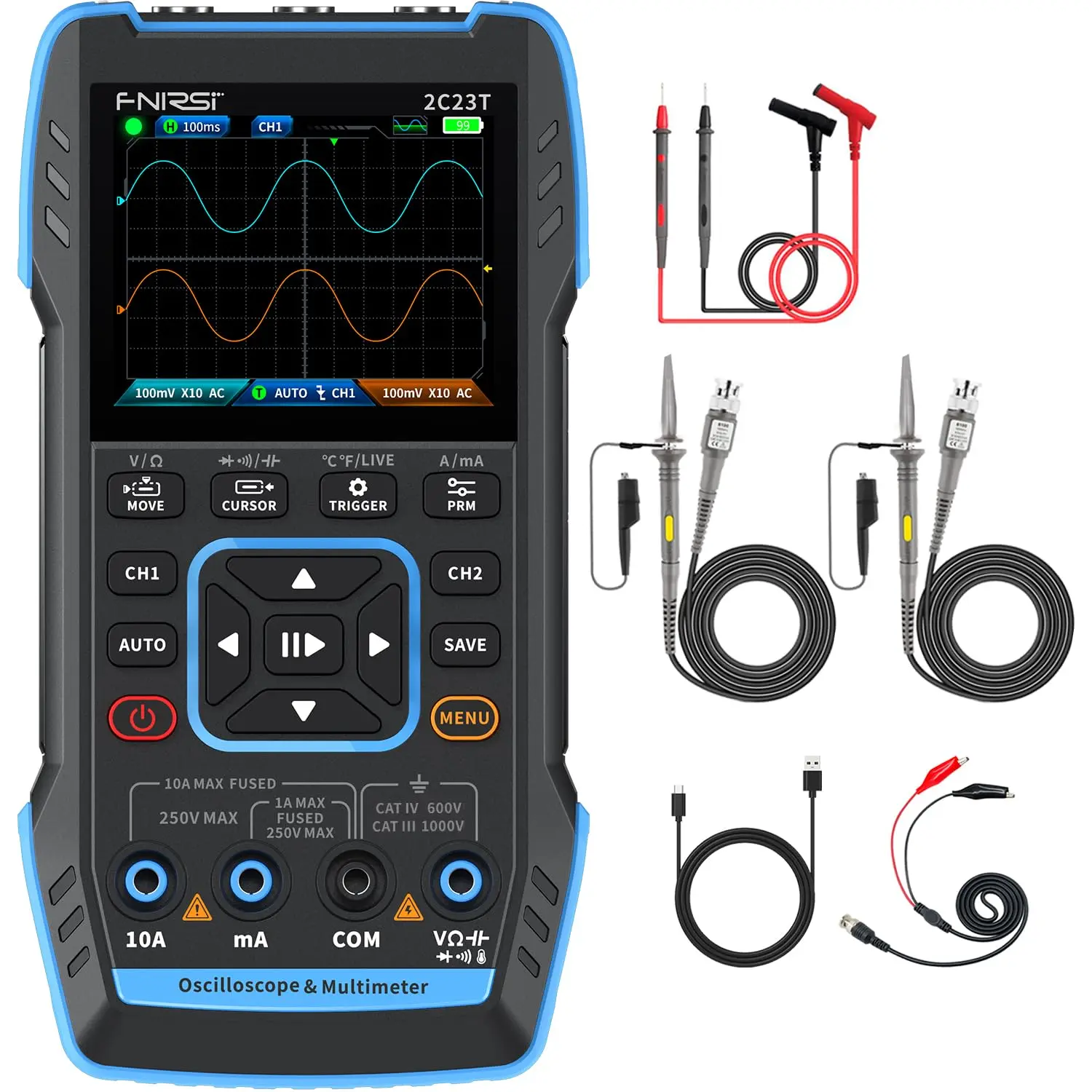 FNIRSI 2C23T 3 in 1 Handheld Oscilloscope Multimeter DDS Generator  2 Channels  10MHz Bandwidth  50MSa/s Sampling Rate  10000 Counts  Voltage  Current  Capacitor  Resistor  Diode Test Car Circuit Tester Car Relay Tester