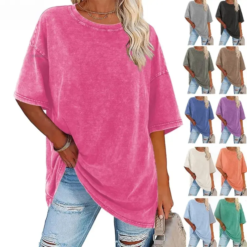 Women's Acid Washed T-shirt, Vintage Loose Baggy Fit in Soft Cotton with a Short Sleeve Crew Neck, Baggy Shape Women's T-Shirts