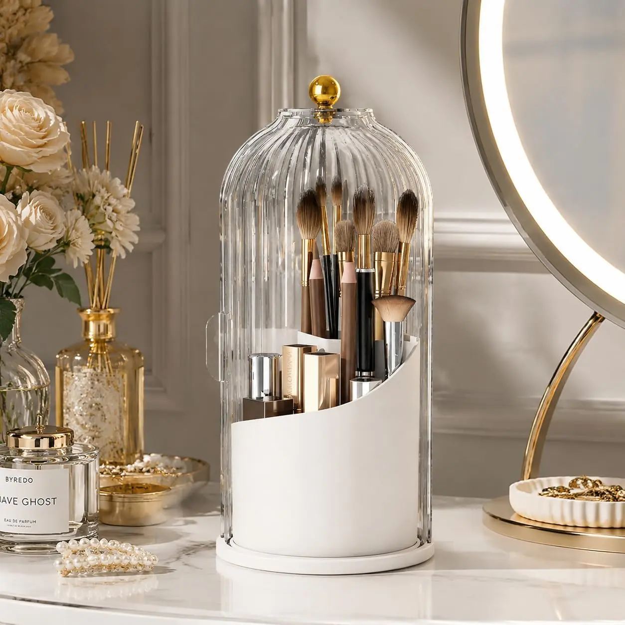 Makeup Brush Holder with Lid 360 Rotating Makeup Brush Organizer | Dustproof Waterproof Material, 3 Compartments, Clear Storage, in bathrooms, bedrooms, living rooms, and other areas.