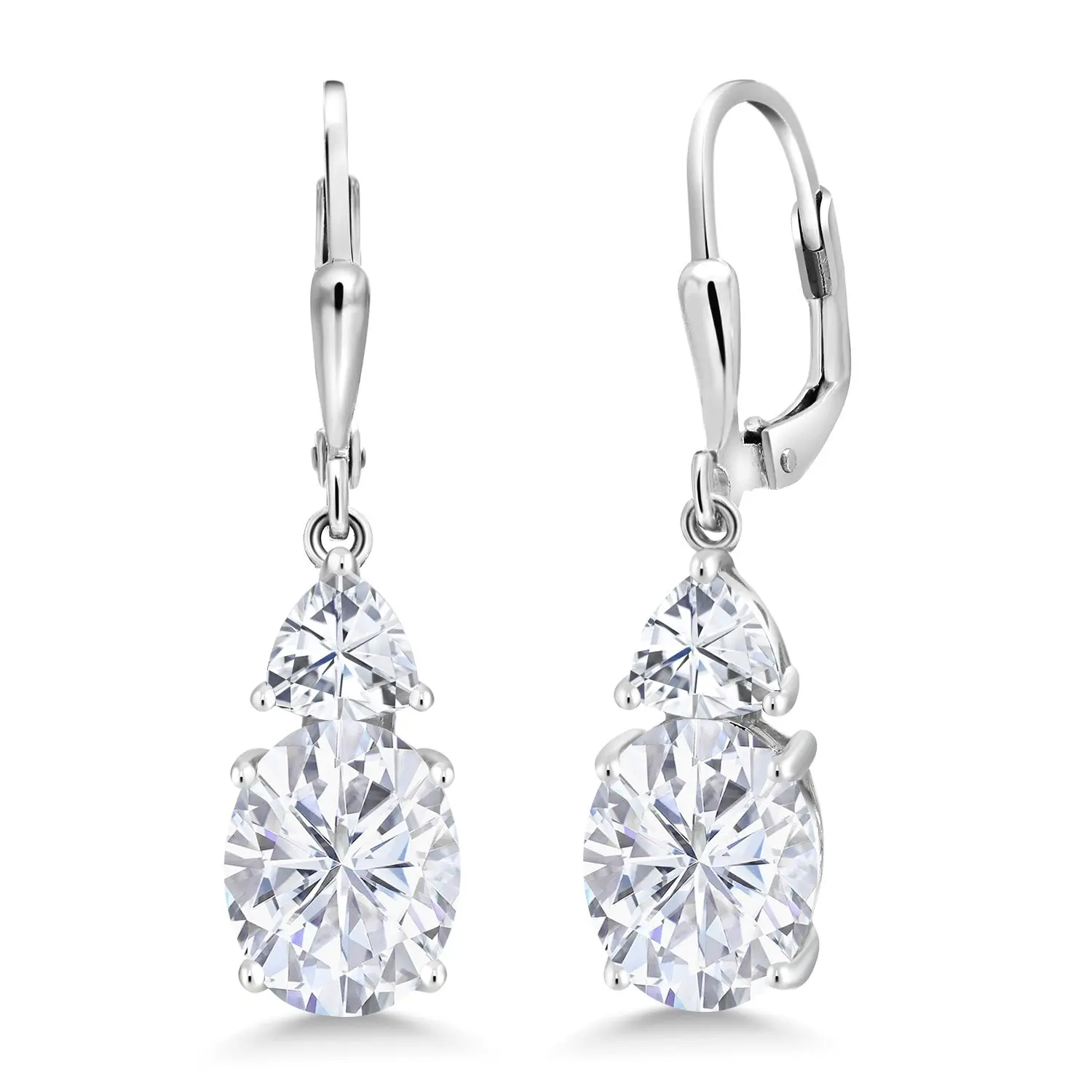 Gem Stone King Leverback Dangle Earrings For Women | Gemstone Birthstone and White Moissanite | 925 Sterling Silver | Oval 10X8MM | Trillion 5MM | Elegant Drop Design | Gift for Her Wife Mom