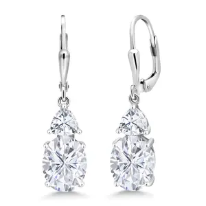 Leverback Dangle Earrings For Women | Gemstone Birthstone and White Moissanite | 925 Sterling Silver | Oval 10X8MM | Trillion 5MM | Elegant Drop Design | Gift for Her Wife Mom