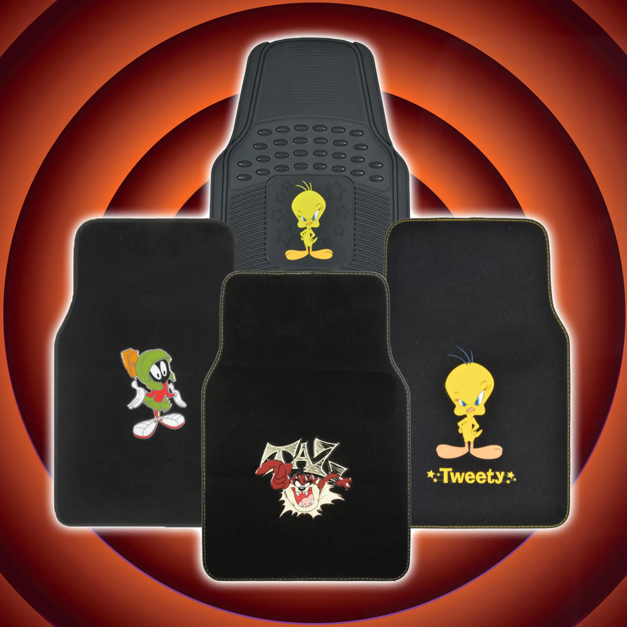 Warner Bros Looney Tunes Car Non-Slip Floor Mats Full Sets Tweety Bird Taz Marvin Cartoon Universal Fit Carpet Rubber Trimmable Protection Car Interior Accessory Car Interior Kit
