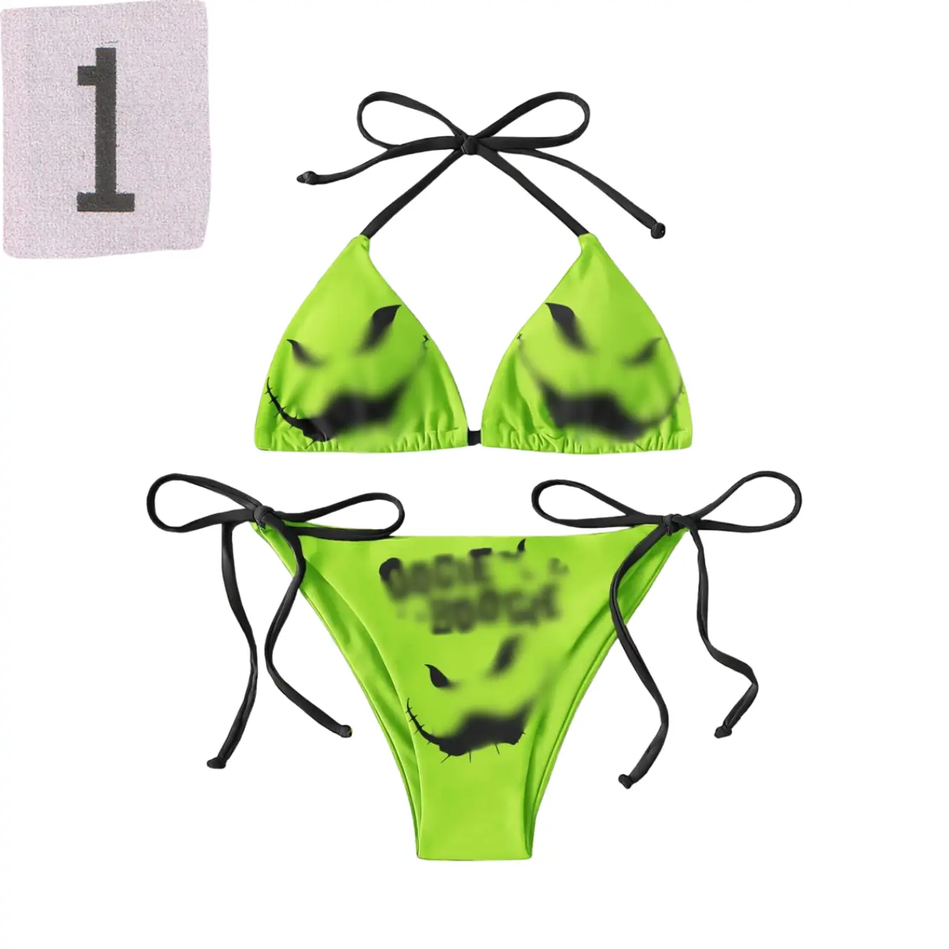 Spooky Skull Face Print String Bikini Set, Gothic Halloween Triangle Bikini Top Side Tie Bottom, Multiple Colors Black White Green Blue, Adjustable Halter Tie Lightweight Quick Dry Fabric, Dark Aesthetic Beach Gift