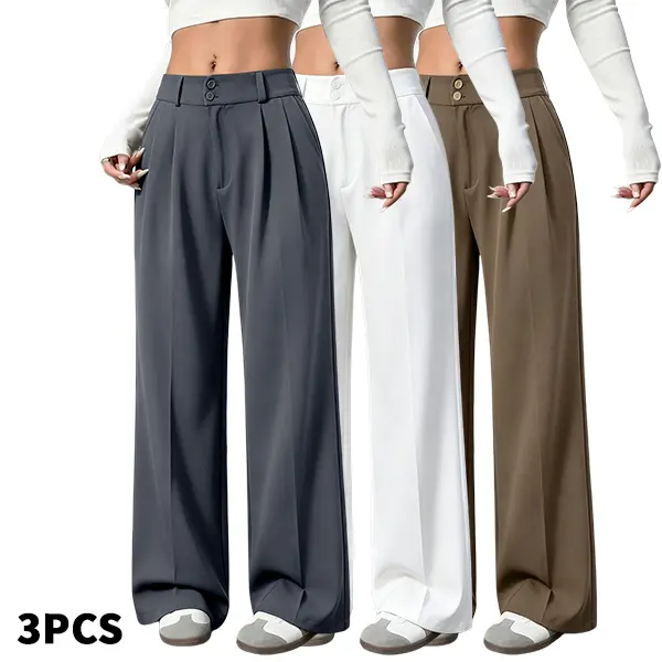 Women’s 3-Pack High-Waisted Wide-Leg Pleated Buttons Pants - Everyday Basic Fabric Casual Loose Office Streetwear Bottoms