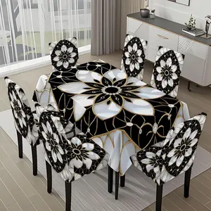 5/7-piece 2D Flat Printing Black and White Golden Floral Geometric Pattern Printing Pattern Tablecloth and Chair Cover Set, for dining table and chair decoration, perfect for home, holiday gatherings, restaurants, and parties.