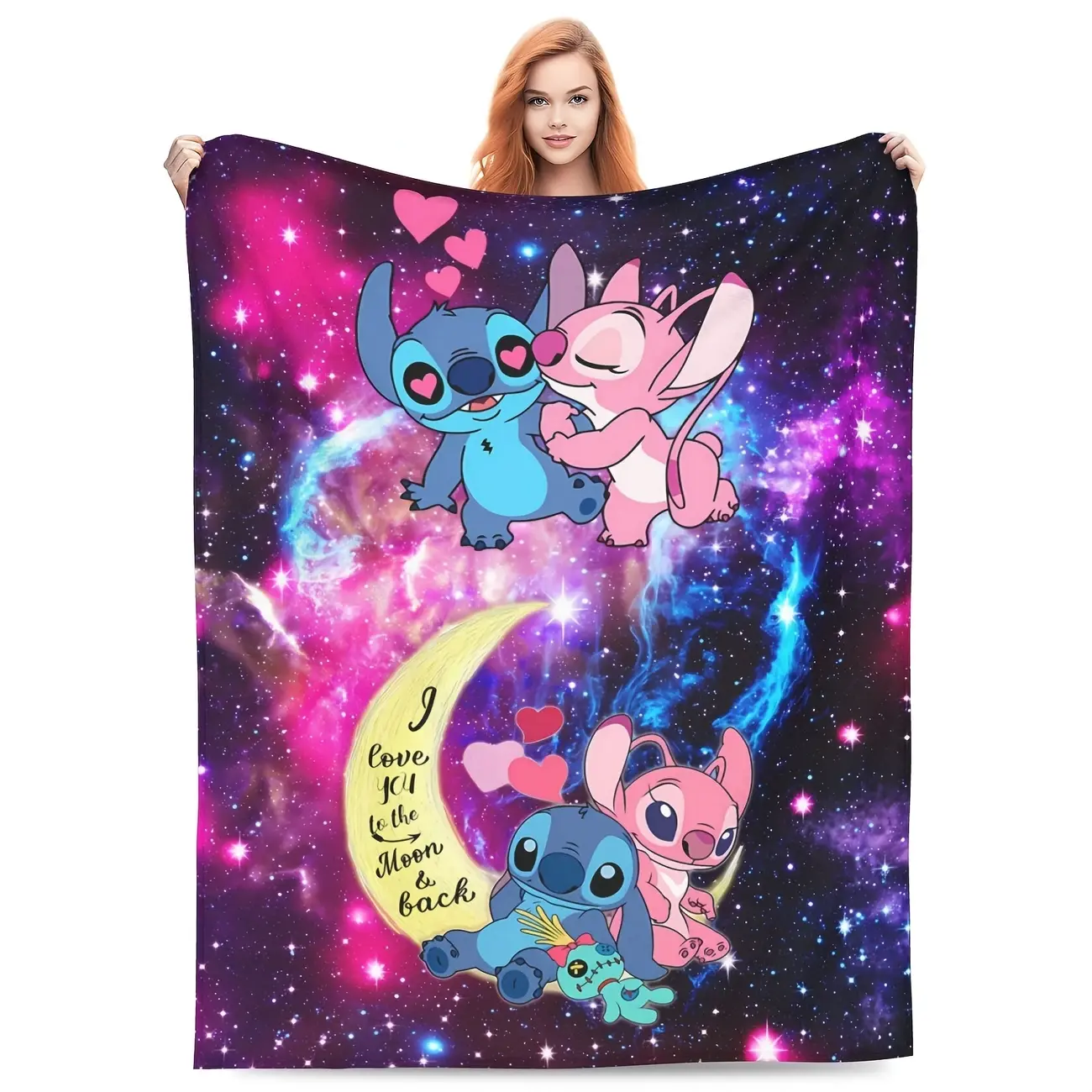 [SummerVibes] DISNEY CLASSIC Stitch & Lilo Cartoon Flannel Fleece Throw Blanket – Soft, Warm for Couch, Bed, Camping, Travel, and Holiday Decorations Cozy Comfort with Galaxy Design, Cozy Travel Blanket