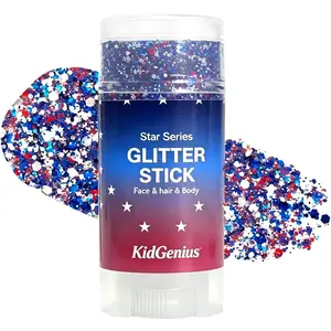 KIDGENIUS Gentle Glitter Cosmetic Stick, Red White Blue Shimmer for Face Body Hair, Water Resistant 4th of July Party Makeup, Hexagon & Star Glitter 2 Pack, Suitable for All Skin Types
