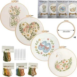 Beginner Floral Cross Stitch Embroidery Kit, DIY Stitching Set with English Guide, 20cm Hoop, 4 Threads, Needles, Home Decor for Creative Art Projects,summervibes