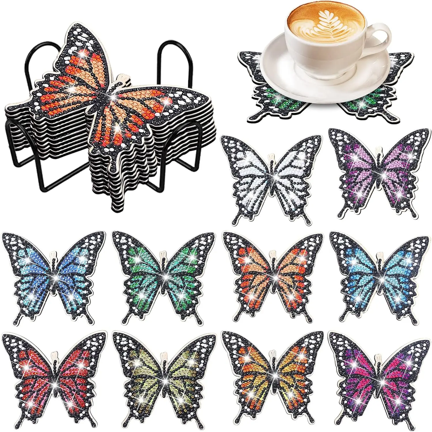 10 irregularly shaped butterfly-patterned diamond painted coasters DIY crystal diamond painted wooden coasters with stand, Diamond Painting Coasters, Decorative Coaster, suitable for office coffee MATS, family, gifts