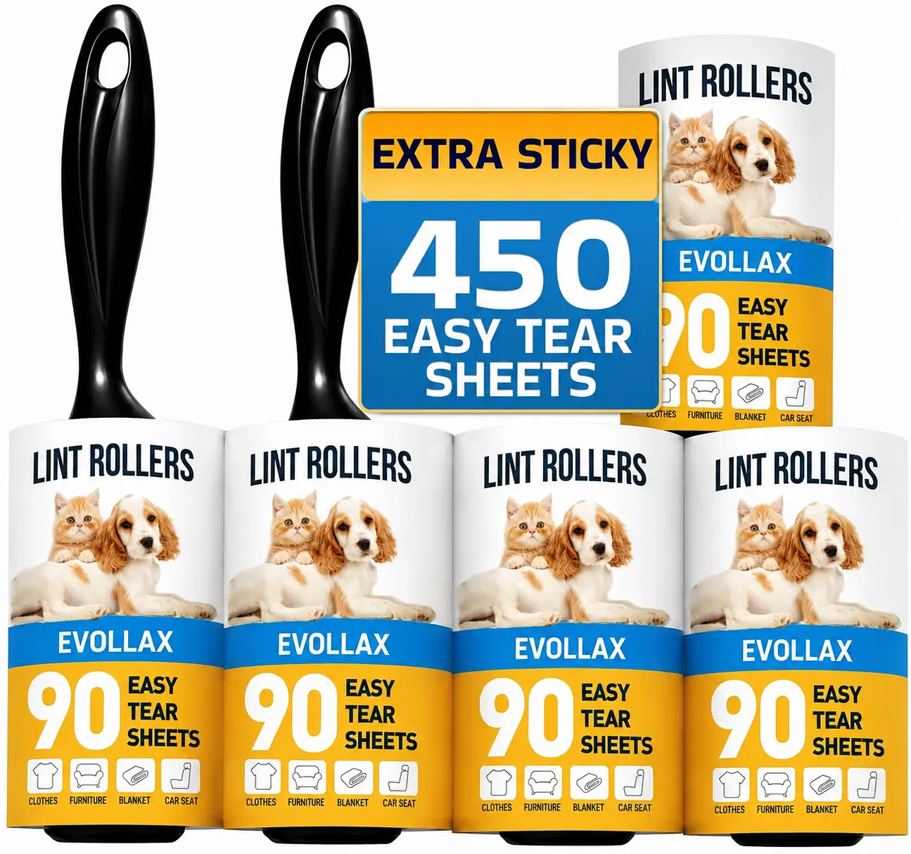 Lint Rollers for Pet Hair, White, Sticky Remover for Couch, Clothes, Furniture and Carpet, Dog and Cat Fur Remover, Animal Fuzz, 5 Large Sticky Rollers